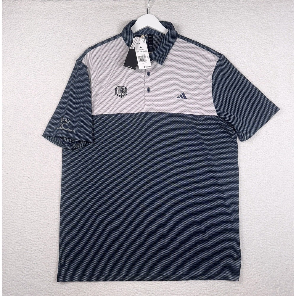 NEW - $65 ADIDAS Polo Golf Navy Blue Gray - Men's L - HRF Golf Club Tree Logo